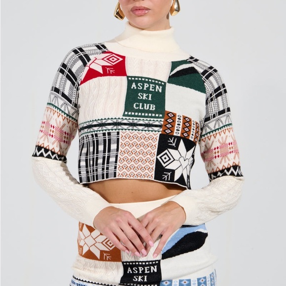 AKIRA Sweaters - AKIRA Patchwork Turtleneck Sweater - Cream, Black, Red, Green